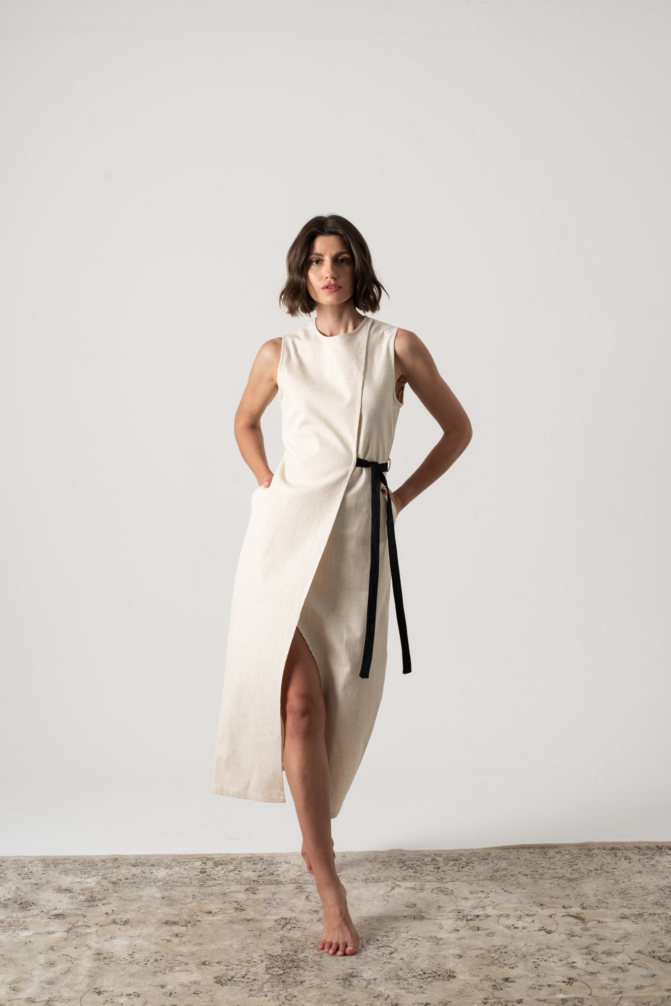 Aurore Linen Midi Dress Natural Beige Luxmii