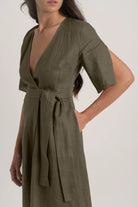 Meraki Linen Wrap Dress Khaki Luxmii
