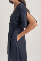 Meraki Linen Wrap Dress Navy Luxmii