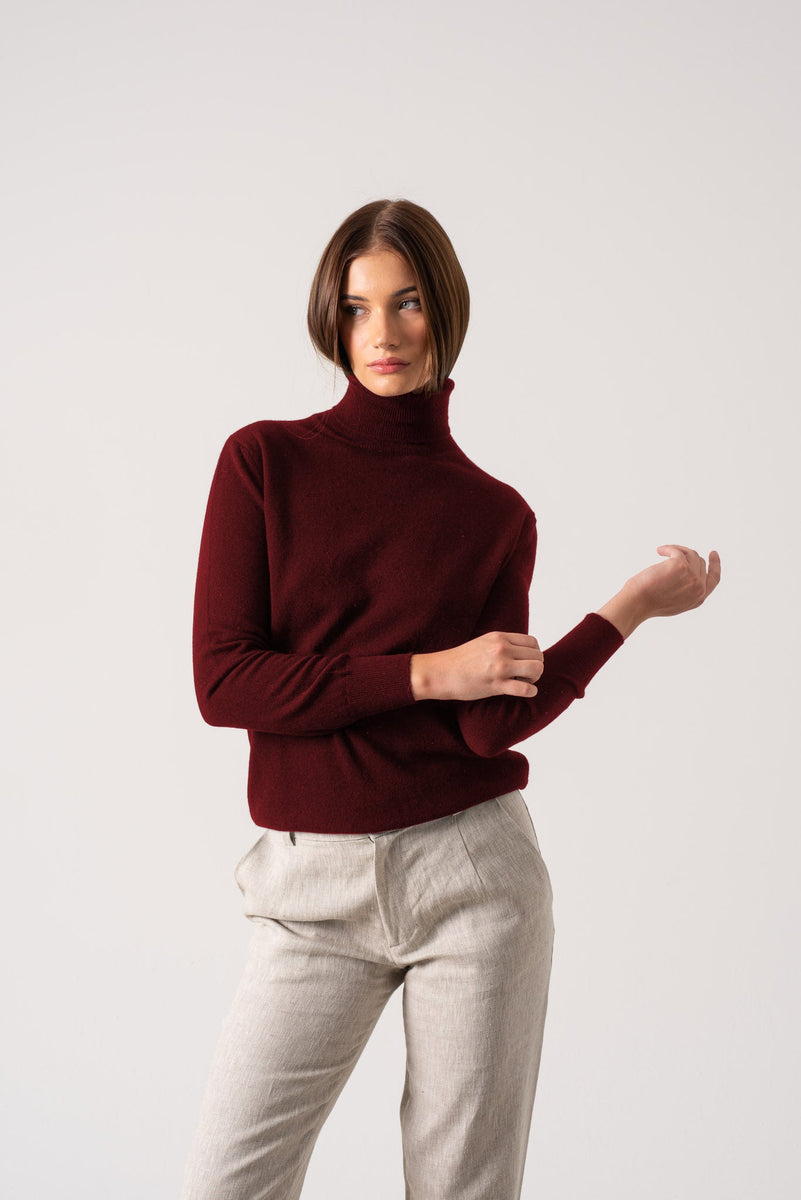 Ombra Cashmere Turtleneck Sweater Red Bordeaux - LUXMII