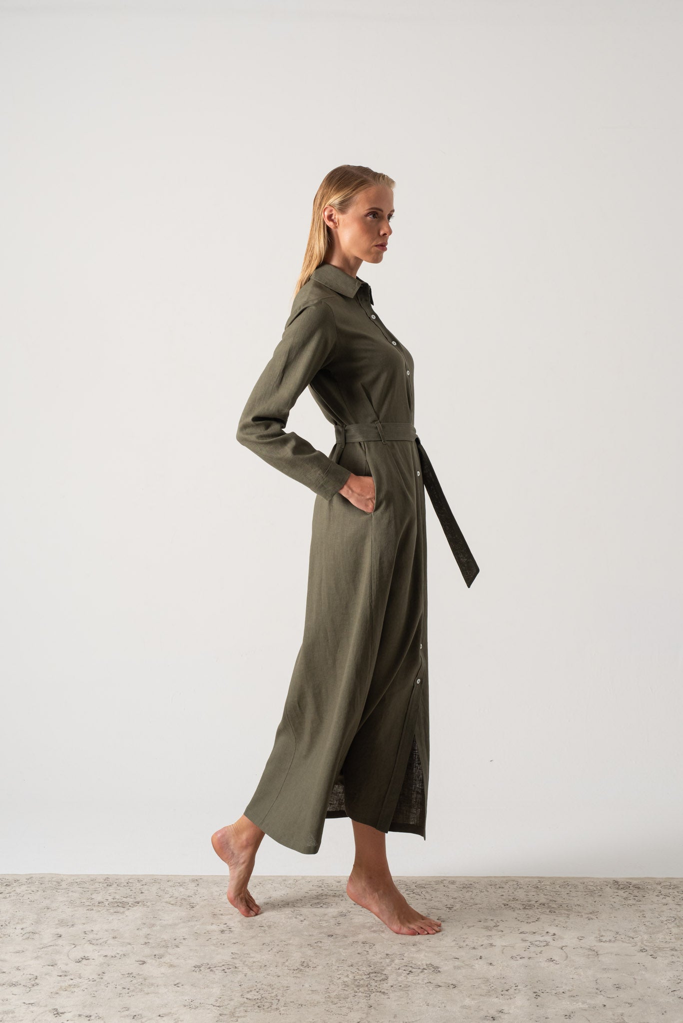 Arlo Linen Shirt Maxi Dress Khaki Luxmii