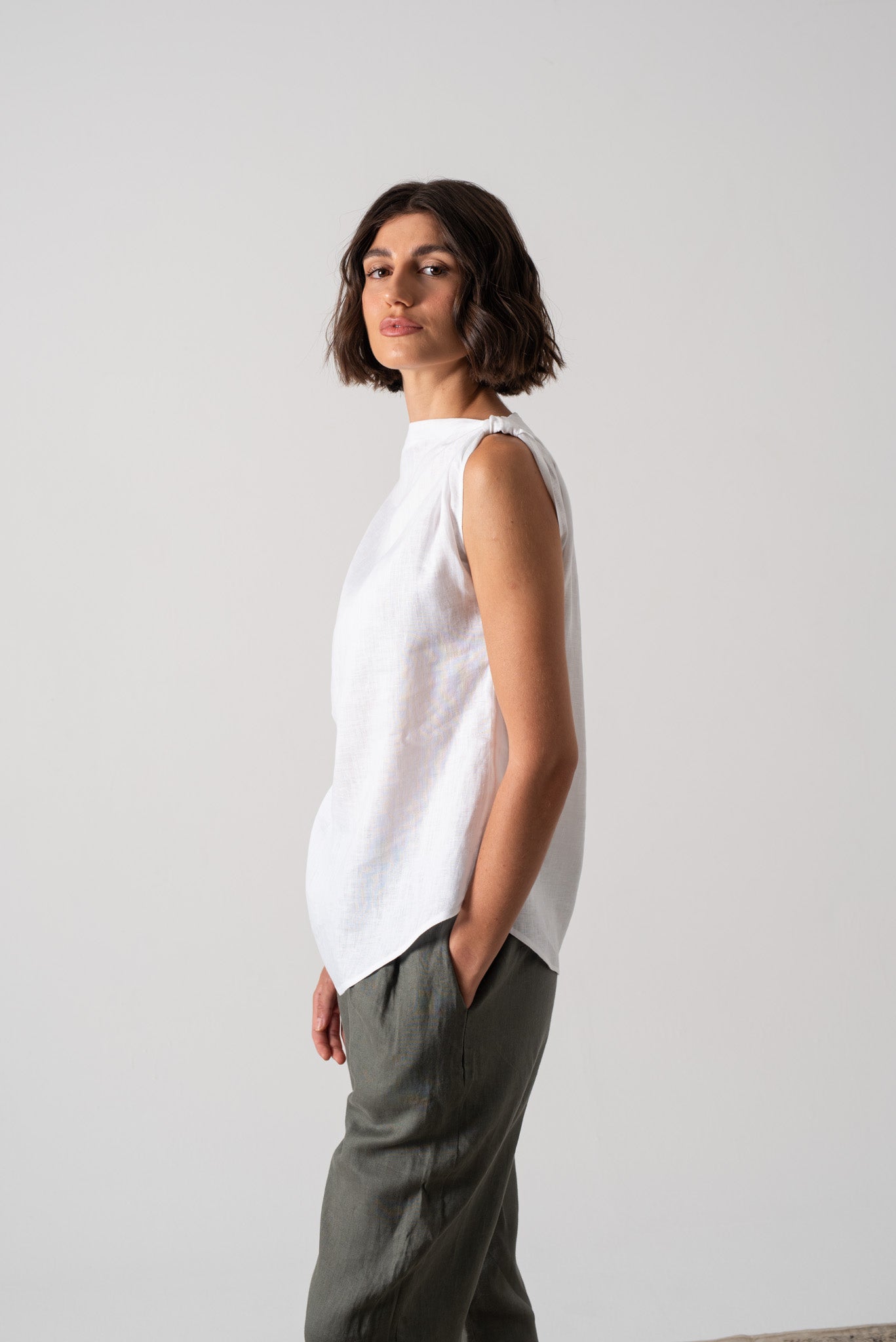 Asymmetrical Linen Knot Top White Luxmii