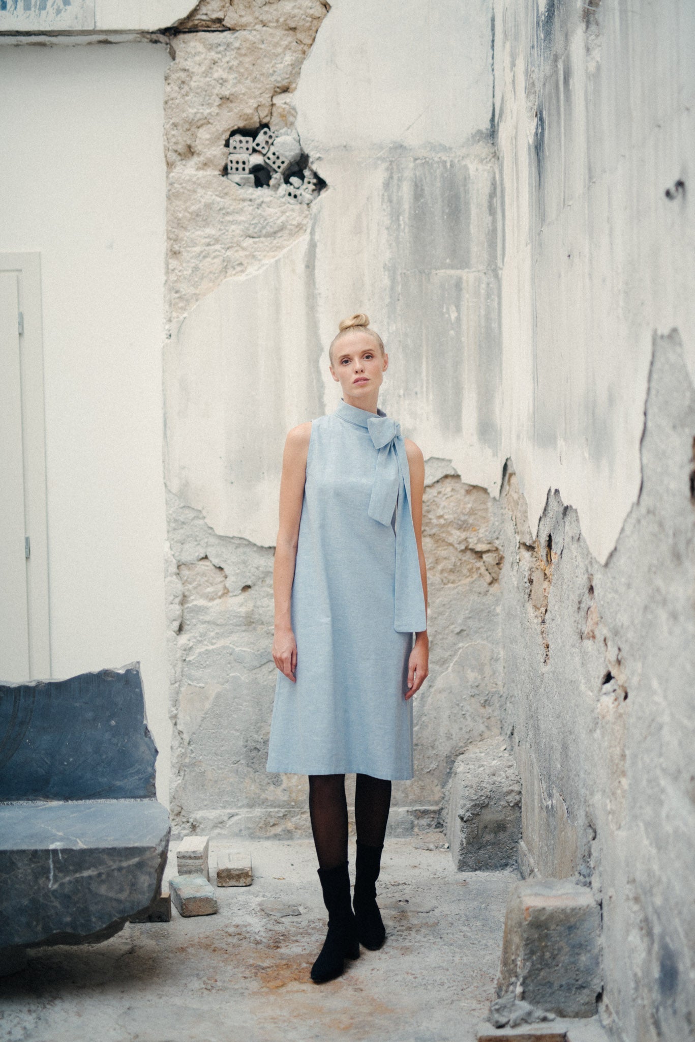 Axel Linen Tie Dress Sky Blue Luxmii