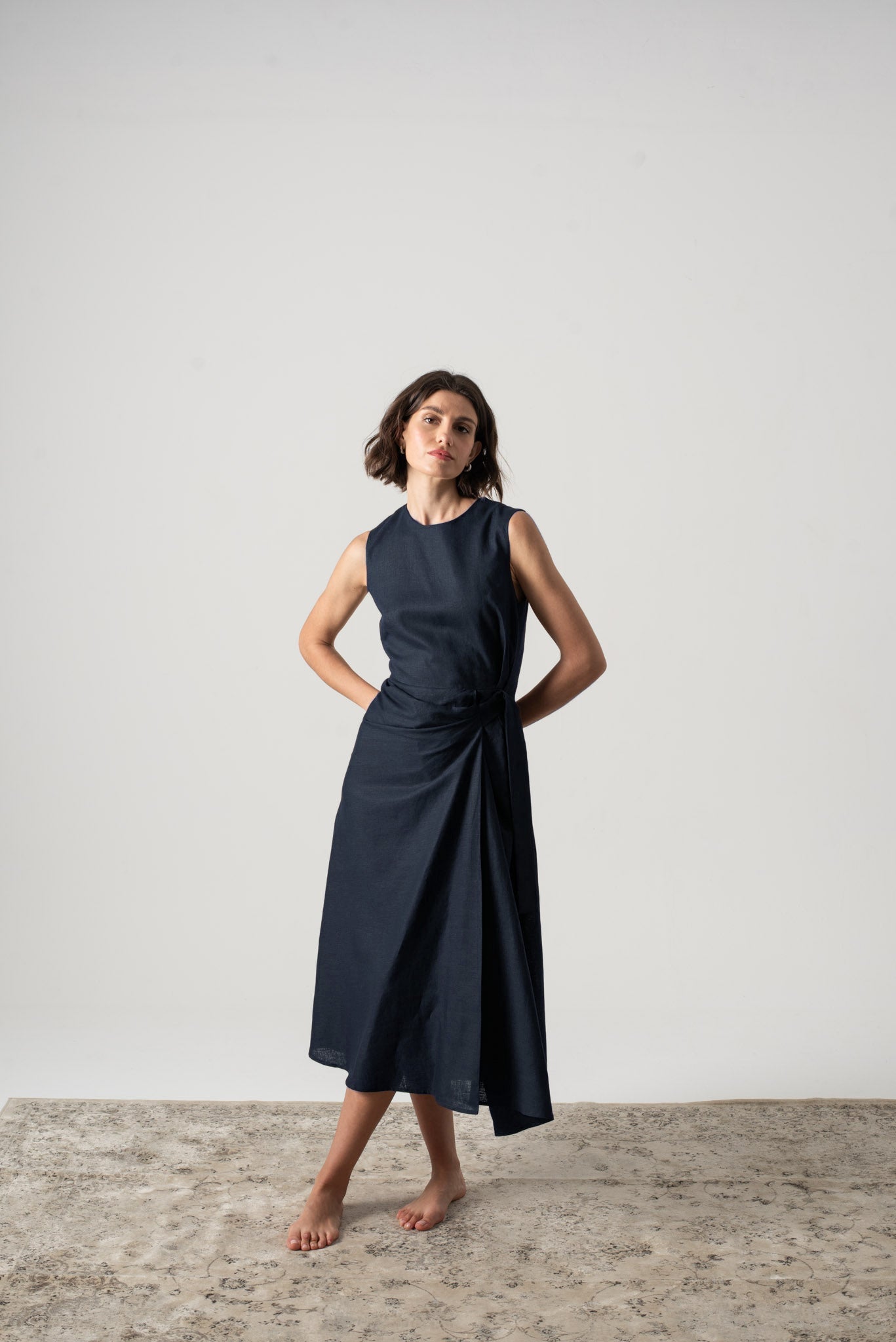 Eda Linen Midi Wrap Dress Navy - LUXMII