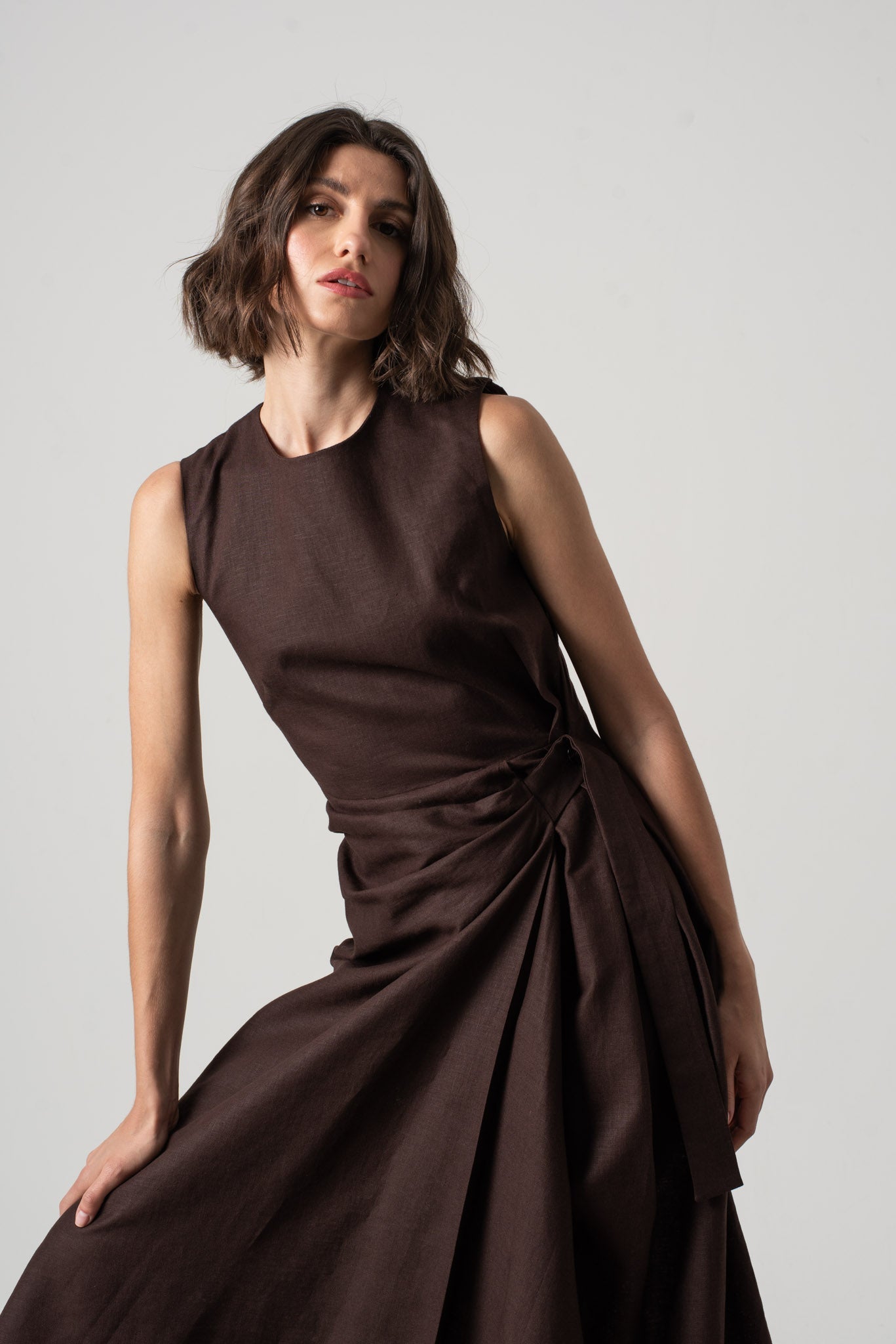 Eda Linen Midi Wrap Dress Brown Espresso