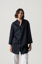 Hugo Linen Tunic Button Shirt Navy Luxmii