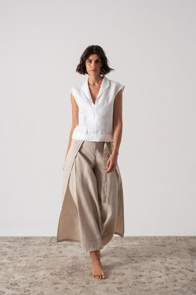 【H】neau linen tops cream Cream Linen-Blend Short-Sleeve Top