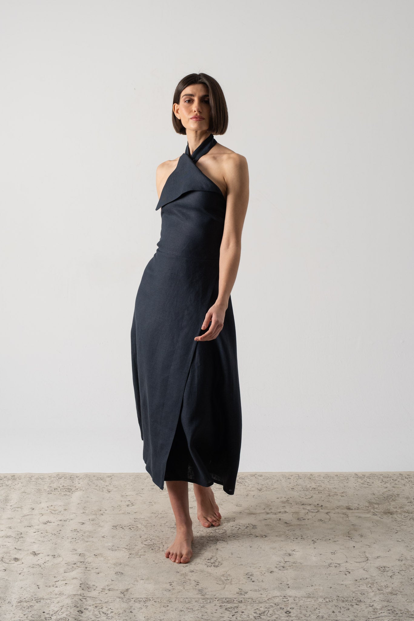 Oréa Halter Midi Dress Navy Luxmii