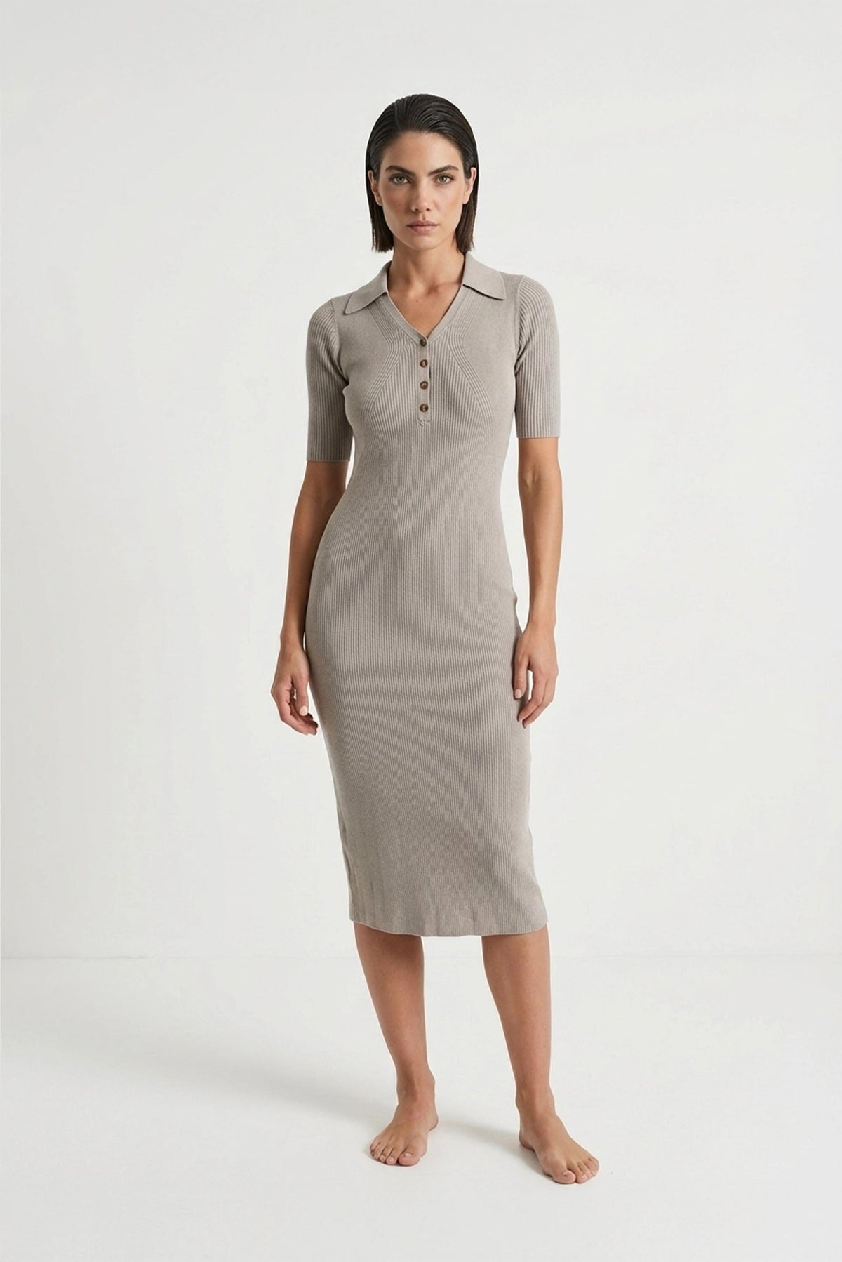 Ribbed Midi Polo Dress in Pebble Grey Luxmii