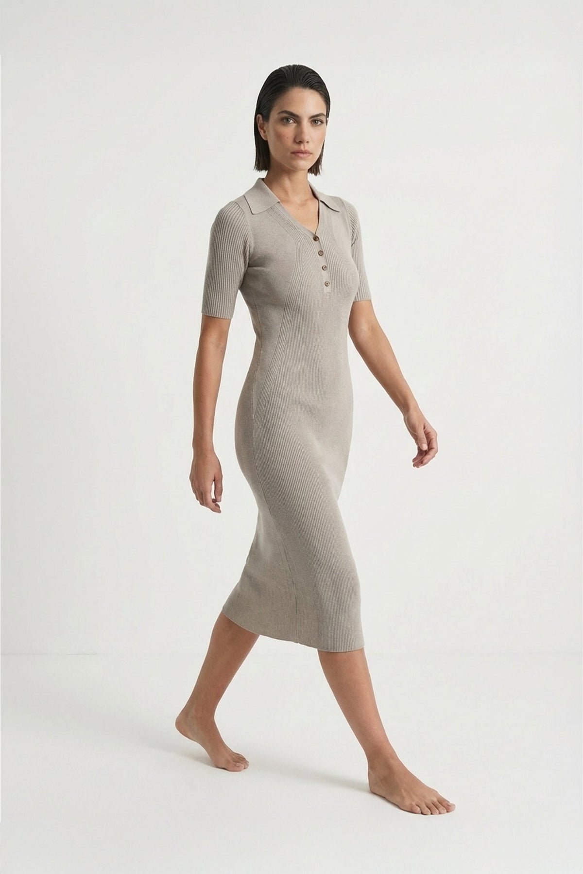 Ribbed Midi Polo Dress in Pebble Grey Luxmii