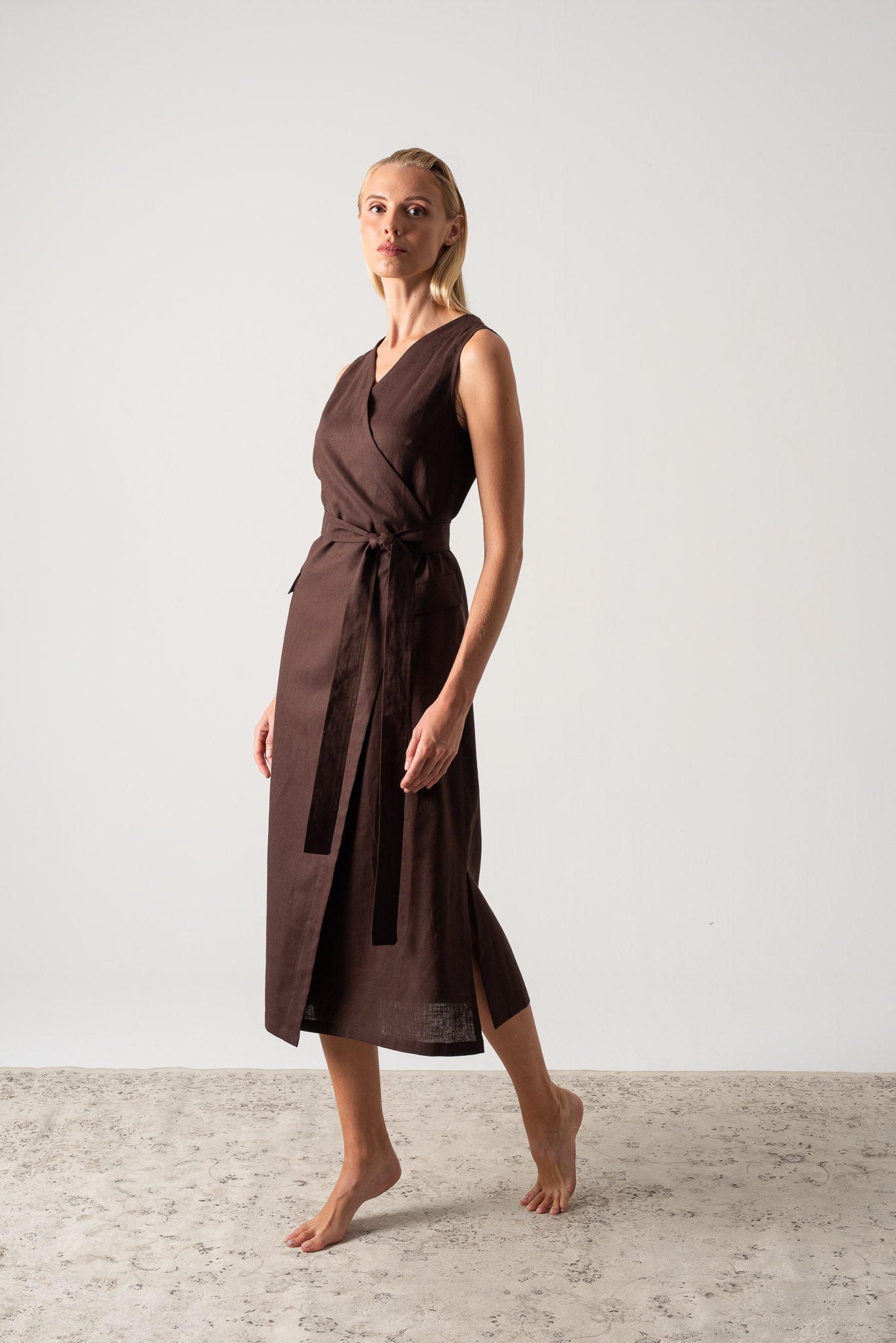 Safari Linen Wrap Dress Brown Espresso Luxmii