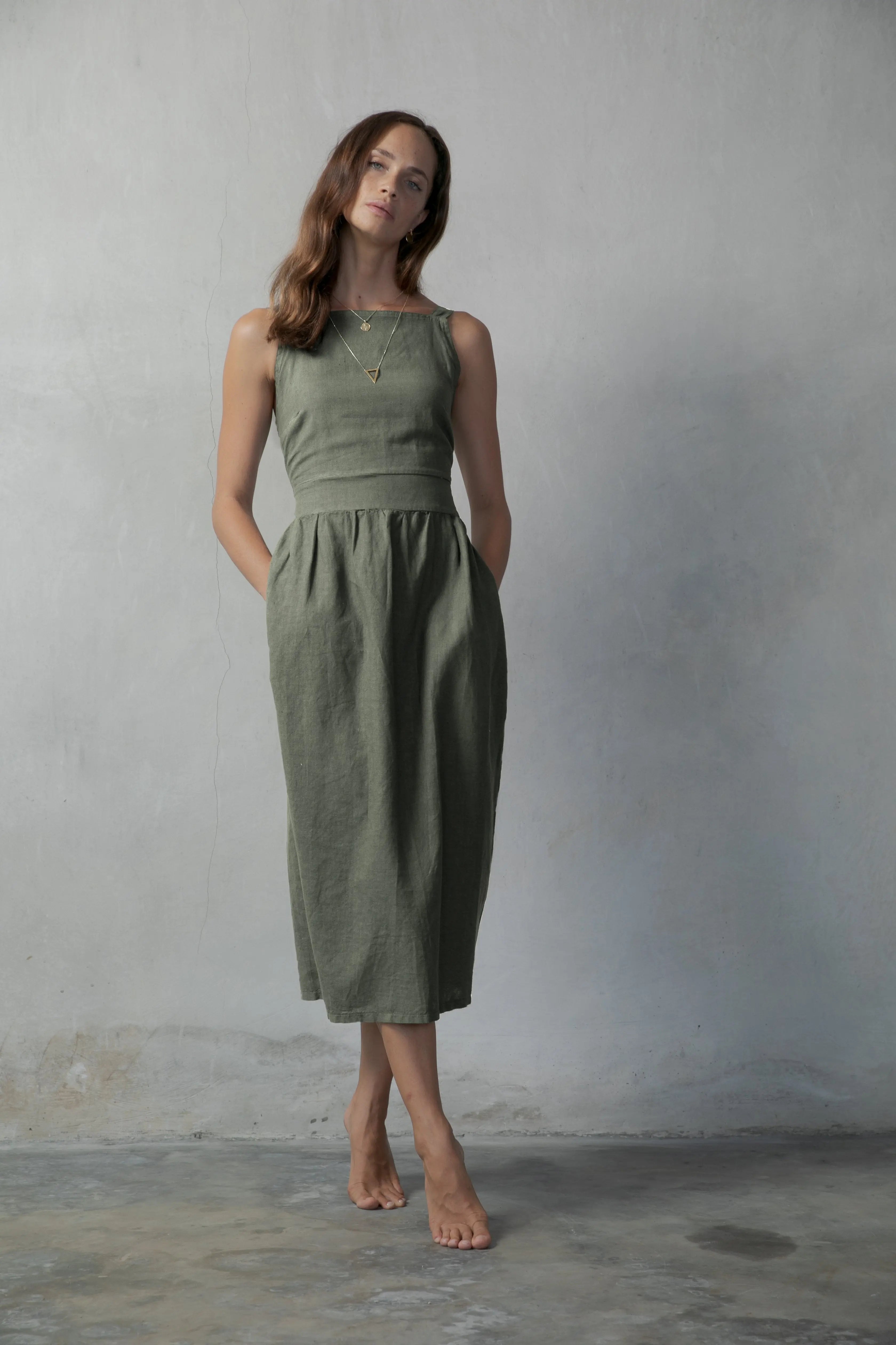 Farfalla Linen Midi Dress Khaki - Luxmii